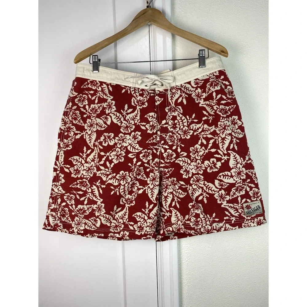Tommy Hilfiger Men's XL Red Ivory Floral Nylon Board Shorts